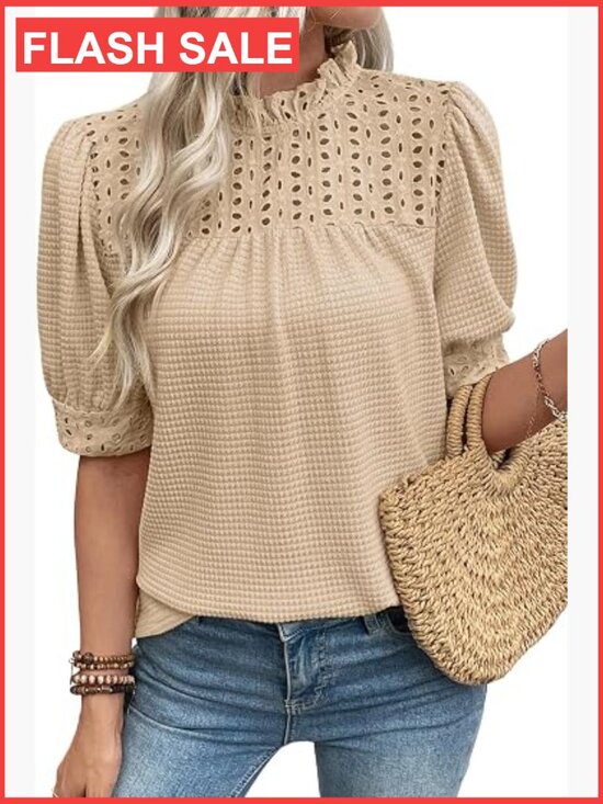 Tops - Waffle Knit Mock Neck Puff Sleeve Blouse Women Dressy Casual Tunic Top